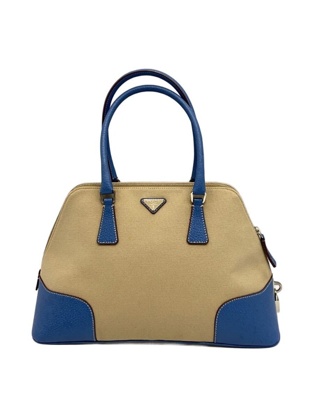Prada Cinghiale Canapa dome bag beige canvas blue pigskin leather top handles